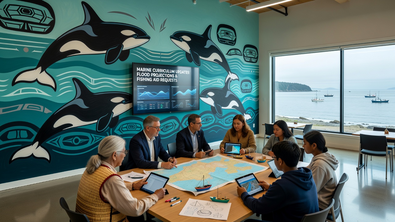 Coastal classroom session where students examine mural details alongside flood projection charts and fishing gear examples