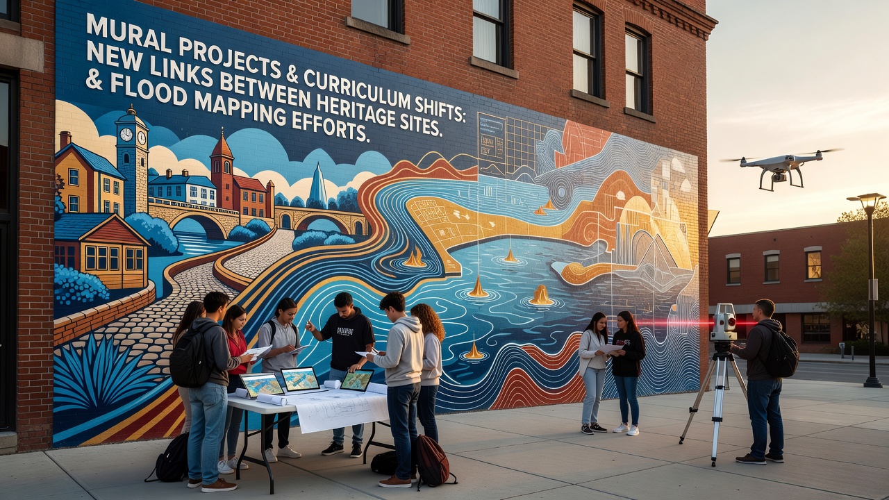 Students participating in a curriculum workshop combining mural design with flood mapping data analysis at a heritage location