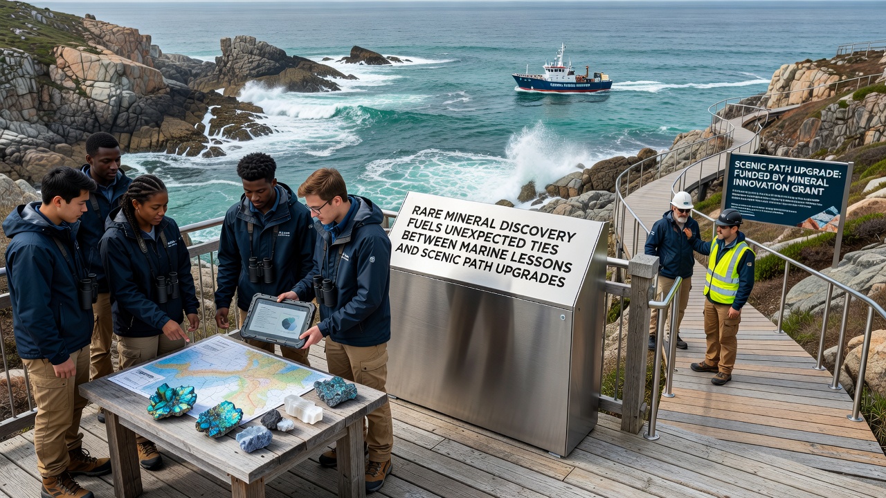 Students and engineers reviewing mineral-enhanced trail sections near coastal marine study sites