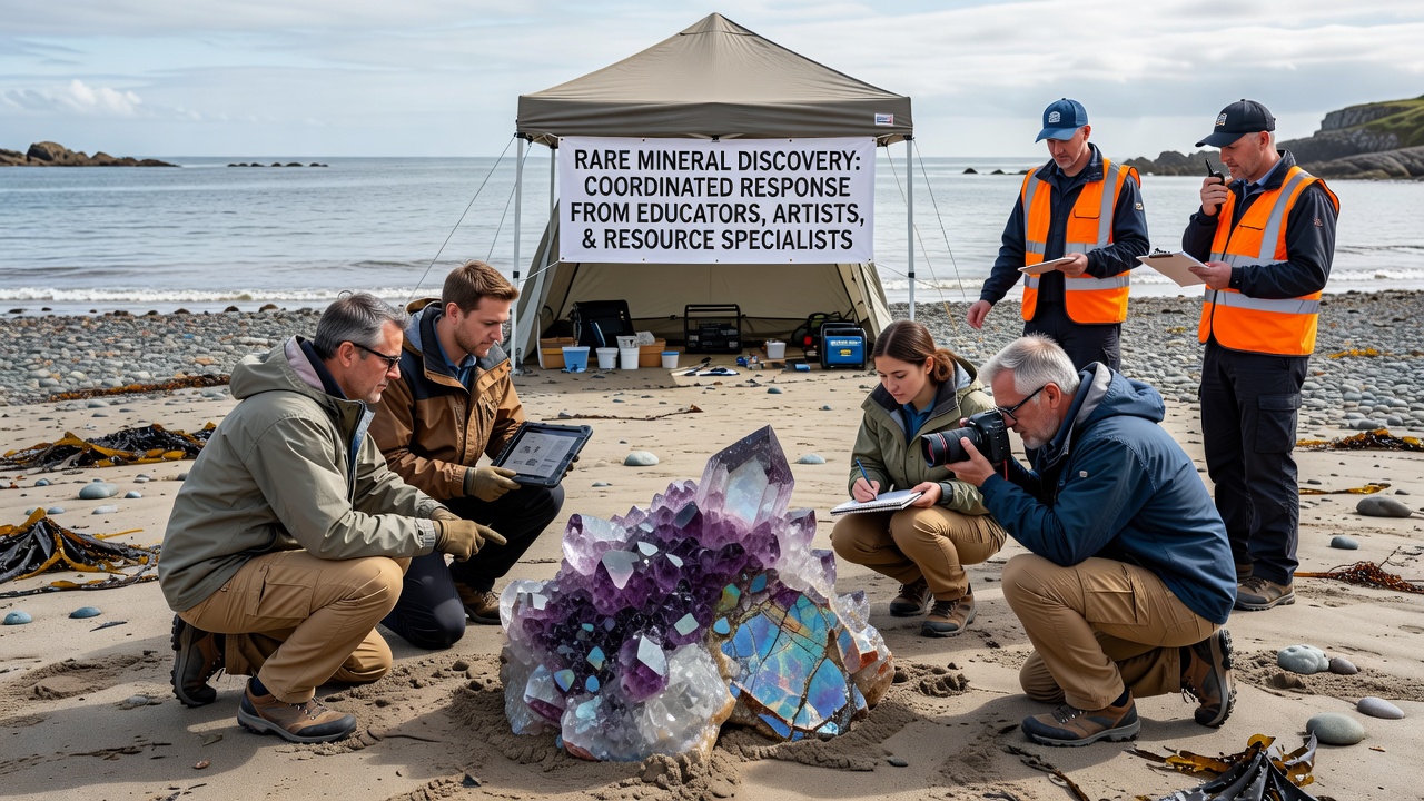 Group of educators and artists examining mineral samples during a coordinated site visit along the shoreline